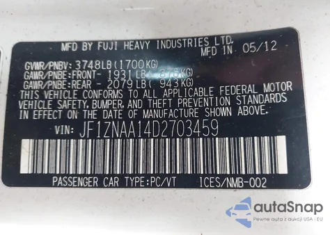 2013 Scion Fr-S из США, поврежденный, VIN JF1ZNAA14D2703459